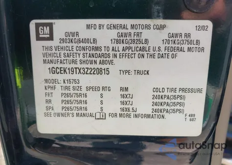 2003 Chevrolet Silverado 1500 Lt z USA, uszkodzony, nr VIN 1GCEK19TX3Z220815